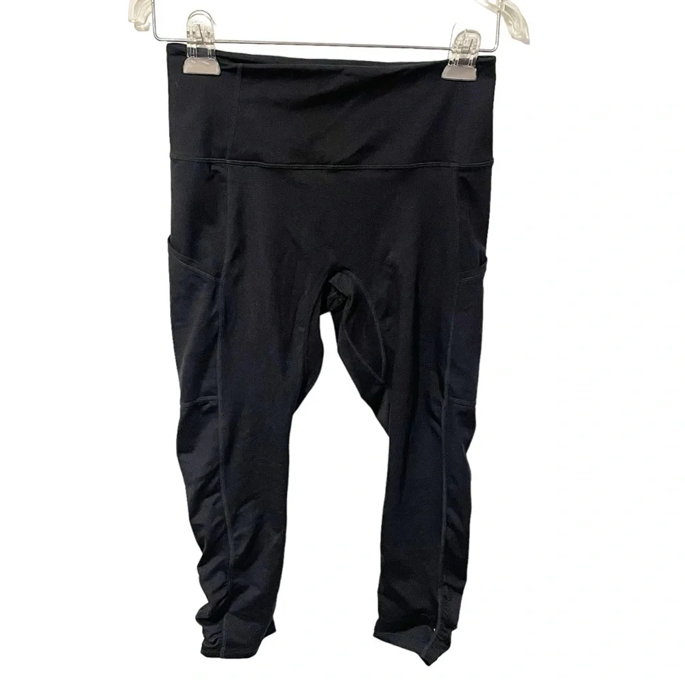 Free People Size‎ Small FP Movement Black Shiny Leggings Ruched Legs Athletic